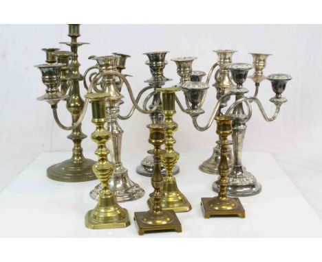 Two Pairs of Silver Plated Candelabra, Brass Candelabra and Two Pairs of Brass Candlesticks