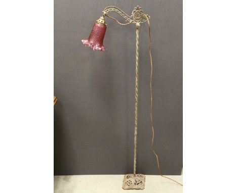 Early 20th century Ornate Metal Standard Reading Lamp with a Cranberry Glass Shade and another Mottled Glass Shade, 140cms hi