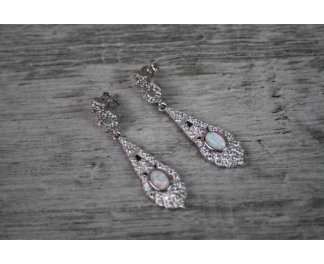 Pair of Silver Art Deco Style Drop Earrings with Opal Panels