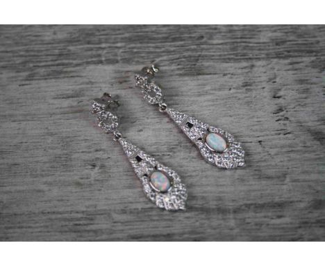 Pair of Silver Art Deco Style Drop Earrings with Opal Panels