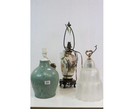 Japanese Satsuma Table Lamp on Hardwood Stand (a/f), Early 20th century Opaque Glass Light Shade (a/f) together with Green Po
