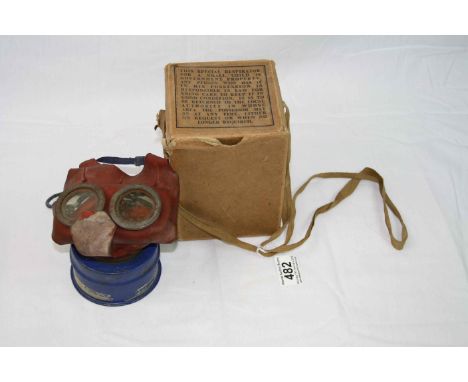 Vintage World War Two Childs Red &amp; Blue Gas Mask With Original Box.