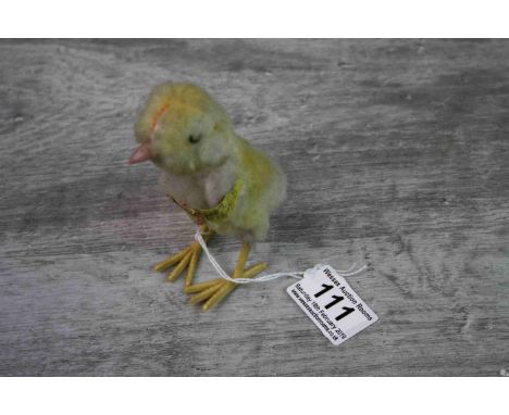 Vintage mid 20th century Steiff chick, plastic feet, Steiff button and material tag to wing, cardboard tag safety pinned to b