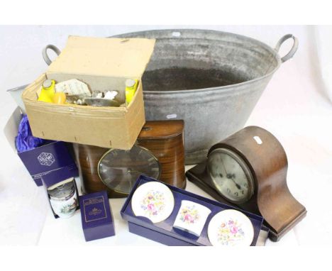 Mixed collectables to include a small Galvanized Metal Bath, two wooden Mantle clocks, one of which needed 2 Florins weekly t