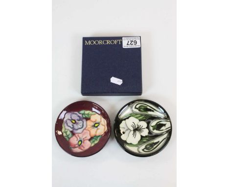 Two Moorcroft ceramic Pin dishes, one with box and both with Pansy decoration, one dated 2003, the other '93, each approximat