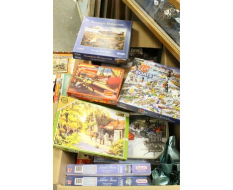 Large collection of vintage Jigsaws in three boxes including Waddingtons, Arrow Puzzles, Falcon, Airfix, The Good Companion, 