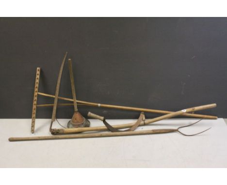 Collection of Antique Agricultural Tools including Scythe, Pitch Fork, Wooden Rack, Copper Wash Dolly and one other