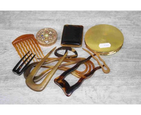 Vintage hair combs, ladies tortoiseshell effect cigarette case, paste set trinket box and a compact