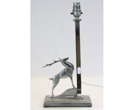 Chromed Art Deco lamp with Stag on stepped oblong base, stands approximately 15 inches high including  the fittings