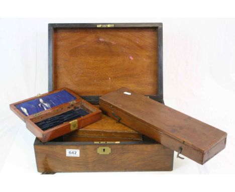Four vintage Wooden boxes of varying size, one with Brass escutcheon &amp; monogram plaque to lid