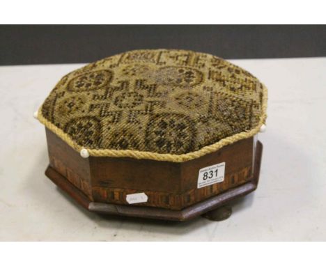 19th century Hexagonal Box Stool, the Woolwork Upholstered Lid opening to reveal a Ceramic Spitoon raised on Three Feet, 29cm