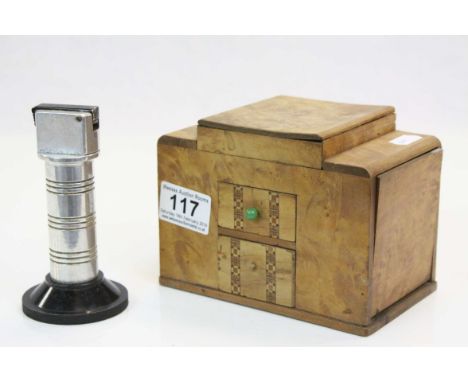 Benlow Golmet Aluminium table Lighter and a Marquetry and Burr Walnut veneer Cigarette box with hinged lid operating the side