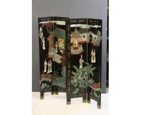 Japanese Black Lacquered Four Fold Screen, one side decorated with a village scene and the other with Birds and Flowers, sign