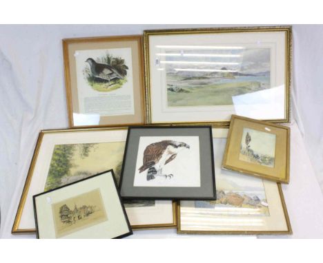Six vintage framed &amp; glazed Watercolours, mainly Landscapes and a Print with hand colouring