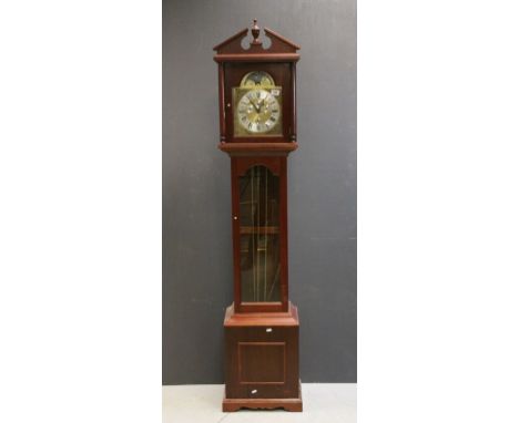 Modern Georgian Style Longcase Clock, the brass and silvered face with Moon Dial and Date, Day, Month and Seconds Dials, Glas