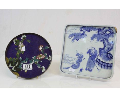 Small vintage Japanese Cloisonne Tray, approximately 7.5 inches diameter plus a blue and white vintage Ceramic example depict