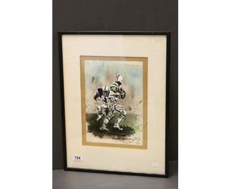 Jonaphan Poole Watercolour and Gouache Painting American Footballer, signed