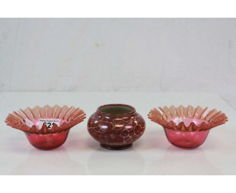 Pair of Victorian Cranberry Glass finger bowls with flared, crimped rims, plus a small Italian Faience Bowl by Cantagalli