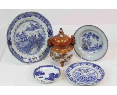 Four vintage Oriental blue &amp; white ceramic dishes &amp; a Kutani lidded pot on tripod feet, with signature to base &amp; 