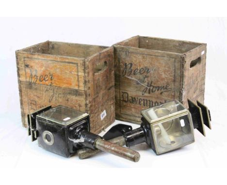 Two Vintage Wooden Beer Crates together with a Pair of 19th century Carriage Lamps (glass a/f)