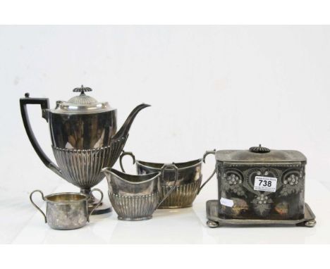 Silver Plated Three Piece Tea Service together with a Silver Plated Tea Caddy and a Tea Strainer