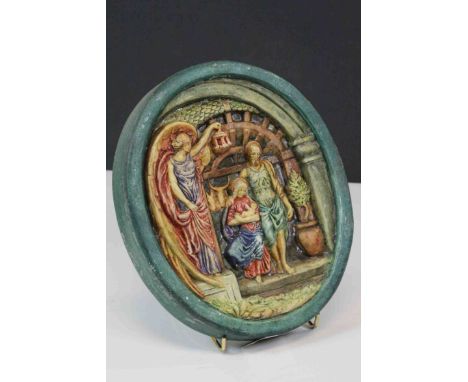 Compton Arts Pottery Religious scene plaque with hand painted decoration and makers mark to reverse, approximately 8.75 x 7.5