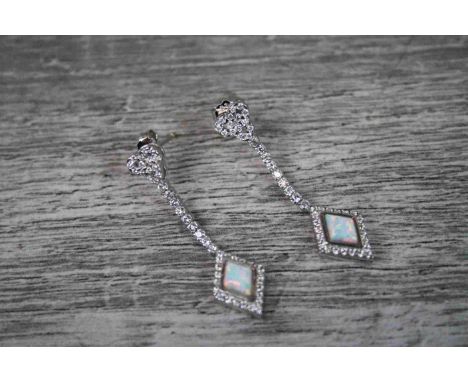 Pair of Silver CZ and Opal Drop Earrings