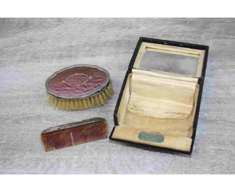 Enamelled effect white metal travel brush together with a tortoiseshell effect silver mounted comb hallmarked William Neale &