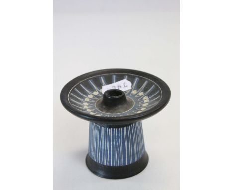 Small ceramic Taper Candlestick, with incised decoration and marked inside base "Ambleside"