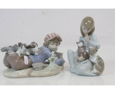 Two Lladro ceramic figurines to include a Girl with Cat &amp; Dog, numbered 5640 and a Boy lying down with Dog on his back, n