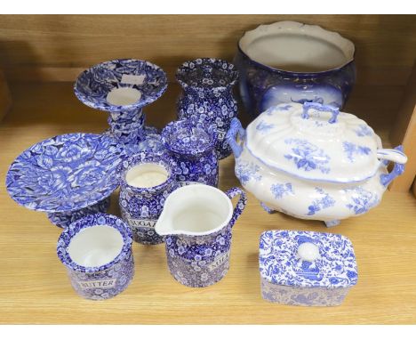 A group of Burleigh ware callico jugs and jars, soup tureen, ladle, butter dish and jardiniere