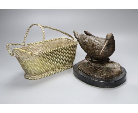 A Christofle silver plated wine basket, length 24cm and a bronze model of a wading bird, on oval marble plinth, 16cm