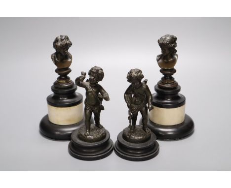 A pair of Regency small bronze busts and a pair of figures of cherubs, tallest 16cm
