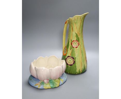 A Clarice Cliff Lilly Pad planter and a large Carltonware jug, 37cm