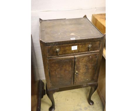A George III style banded walnut tray top commode, width 46cm, depth 46cm, height 81cm