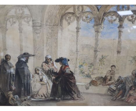 Victorian School, pencil and watercolour, Preparatory sketch; Renaissance figures on a terrace, indistinctly signed, 51 x 64c