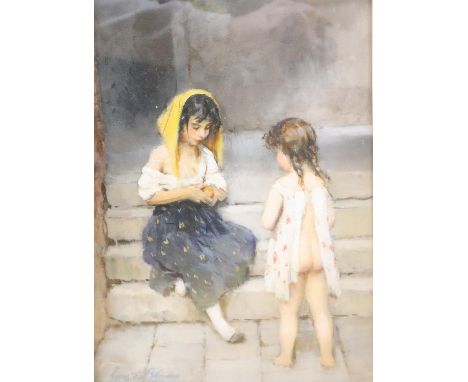 Follower of Eugene Von Blaas (1843-1932), Portrait of two young girls seated on a step, peeling an orange, bears signature, o
