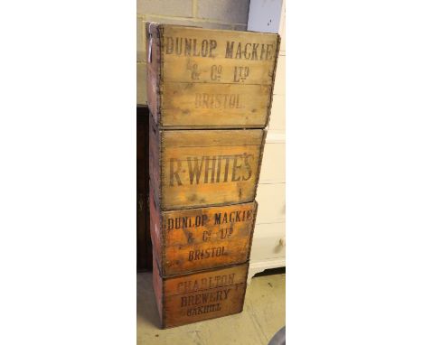 Four vintage wooden wine bottle crates, width 41cm, depth 31cm, height 33cm