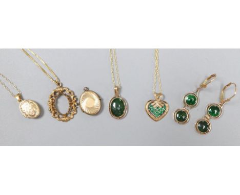 A 9ct gold and emerald heart pendant on chain, a 750 chain with scrolled pendant (vacant) and sundry items, including a 9ct g