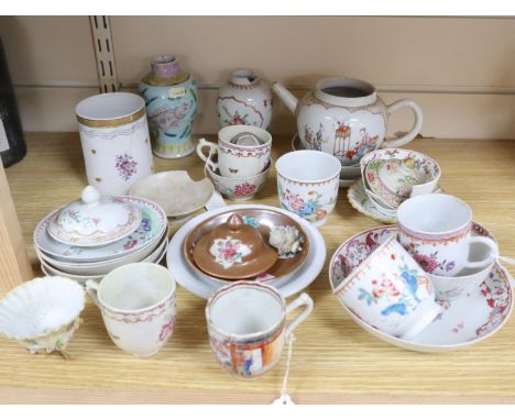 A collection of 18th century Chinese enamelled tea bowls, cups and saucers etc, mostly damagedCONDITION: All items with varyi