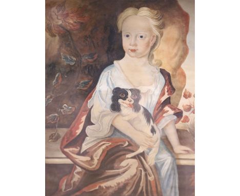 18th century English School, watercolour on paper, Portrait of a young woman seated with a spaniel, 38 x 32cm