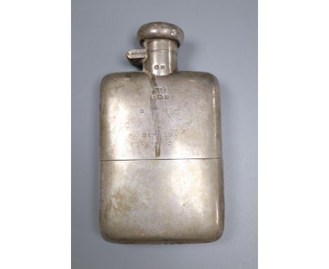 A George V silver hip flask, with engraved inscription, Deakin &amp; Francis, Birmingham, 1940, 12.5cm, gross 6oz.