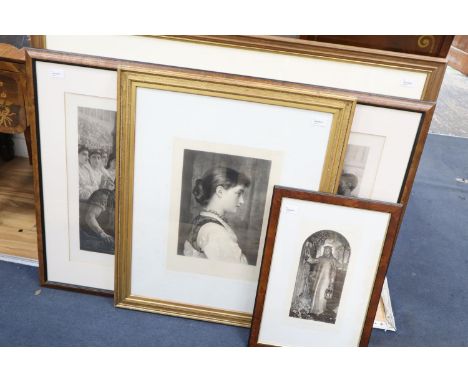 After Laurence Alma-Tadema, 'Love Votaries', signed photogravure and three other framed prints, 'Diana or Christ' after Edwin