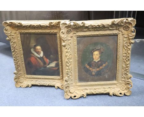 19th century German School, two oils on zinc, Portrait of a 17th century scholar reading a book and of a Tudor Monarch, 20 x 