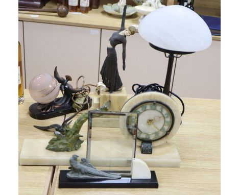 An Art Deco style female figure, 14cm, a lamp, a clock and a frame