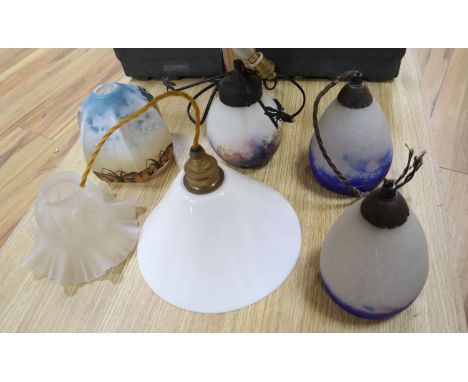 A pair of French Degue cased glass light shades, 17cm and four other various glass light shades