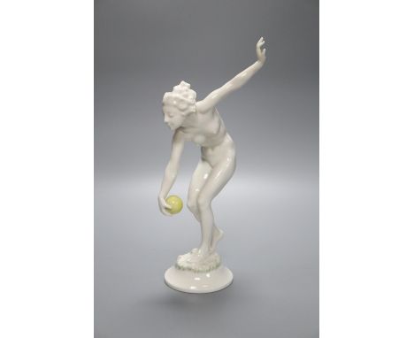 An Art Deco Hutschenreuther porcelain figure, nude female with ball, 27cmCONDITION: Good condition, rear of plinth impressed 