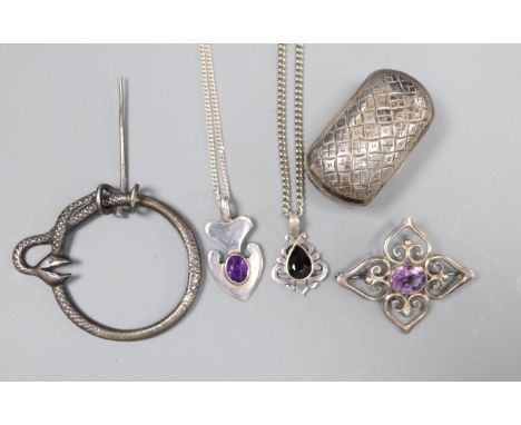 Two modern white metal and gem set pendant necklaces including amethyst, two brooches and a George III silver snuff box by Sa