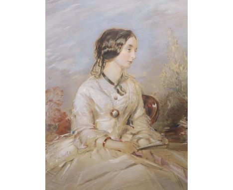 Victorian School, watercolour, Half length portrait of a young lady, 27.5 x 23cm