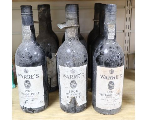 Nine bottles of Warre's vintage Port 1966 (1), 1977 (2), 1980 (2), 1983 (3) and one unknown year
